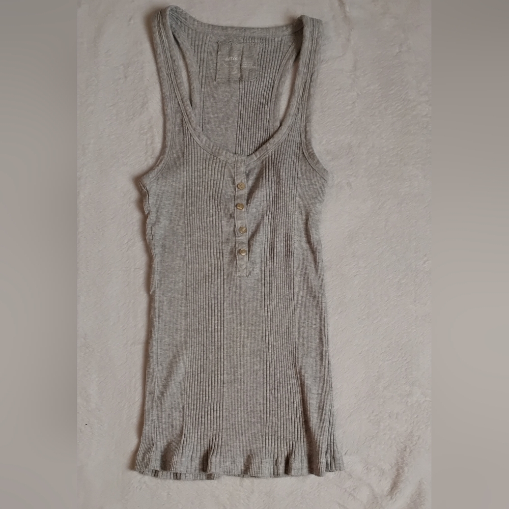 Aerie Light Gray Ribbed Tank Top with Buttons